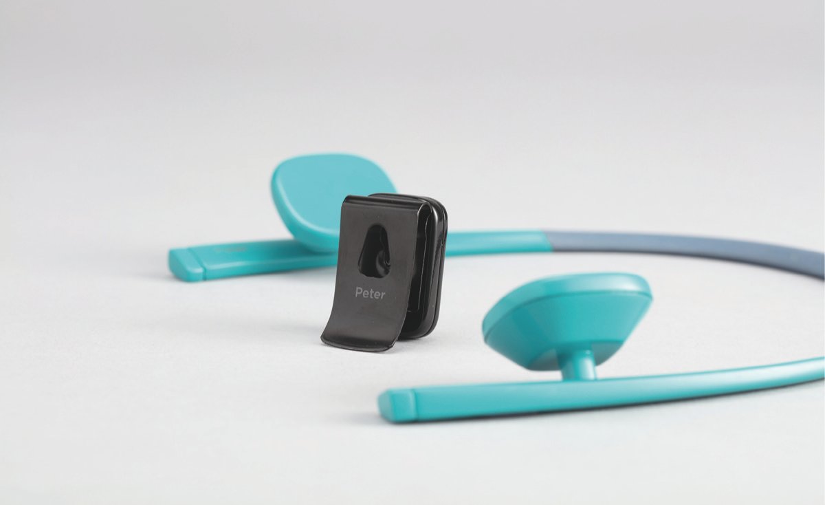 The Peter Neurotech device — a discreet green-and-grey mobility aid